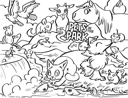 Pets in the Park Colouring Page